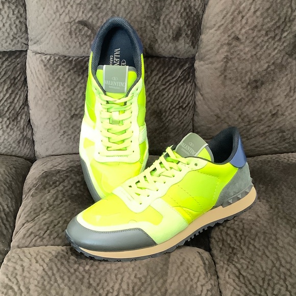 Valentino Garavani Neon Yellow and Gray Men's Rockrunner Sneakers EU Size 43.5